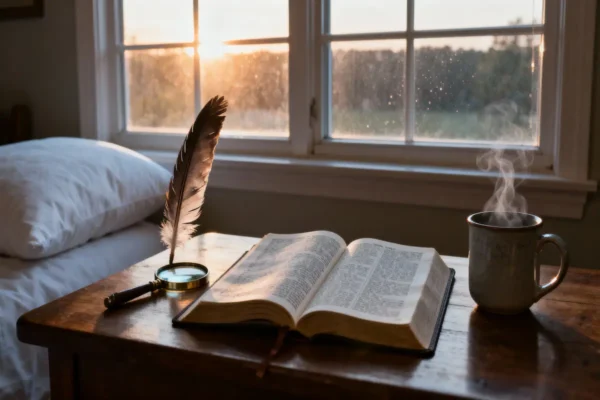 Open Bible, eagle feather, magnifying glass, and soft pillow in empowering dawn light with generous copy space.