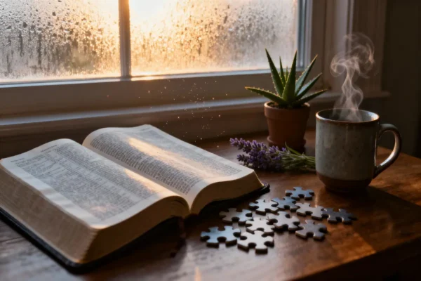 Open Bible, aloe plant, puzzle pieces, and lavender sprig in restorative dawn light with generous copy space.