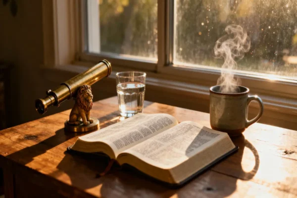 Open Bible, telescope eyepiece, lion figurine, and still water glass in illuminating dawn light with generous copy space.