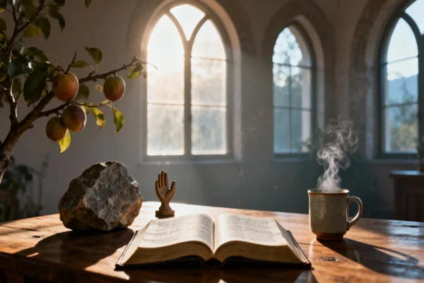 Open Bible, rock specimen, fruit branch, and open palms sculpture in faithful dawn light with generous copy space.