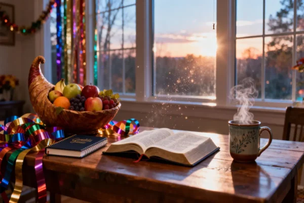 Open Bible, party streamers, overflowing cornucopia, and gratitude journal in joyful dawn light with generous copy space.