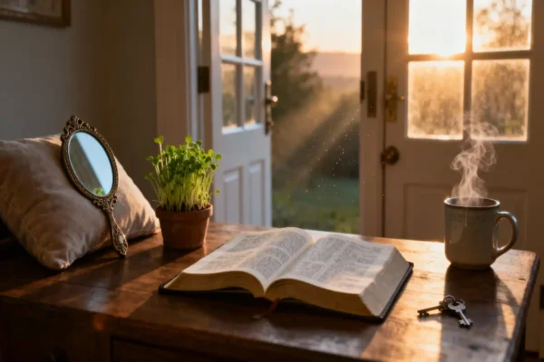 Open Bible, comfortable cushion, hand mirror, and green sprouts in peaceful dawn light with generous copy space.