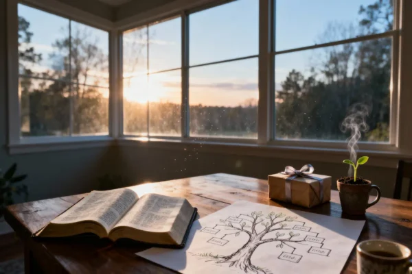 Open Bible, family tree diagram, gift box, and sprouting seedling in hopeful dawn light with generous copy space.