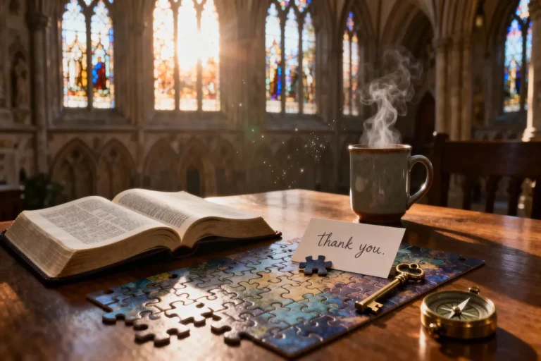 Open Bible, completed puzzle with final piece, thank you card, and forward-pointing compass in fulfilling dawn light with generous copy space