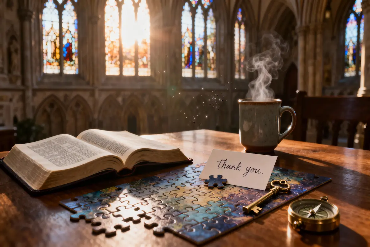 Open Bible, completed puzzle with final piece, thank you card, and forward-pointing compass in fulfilling dawn light with generous copy space