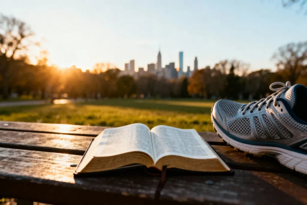 Open Bible on park bench with running shoes in golden hour light.