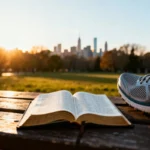 Open Bible on park bench with running shoes in golden hour light.