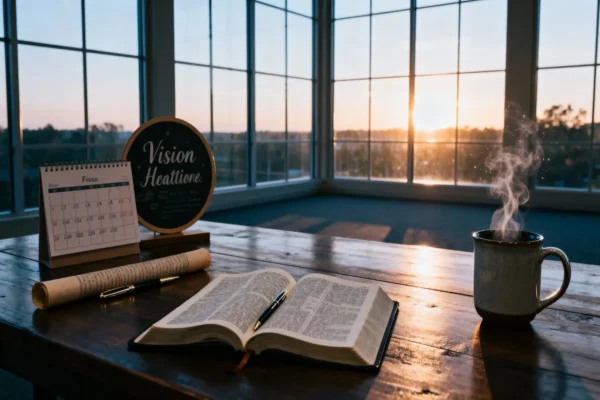 Open Bible, circular calendar, vision board, and covenant scroll with pen in inspiring dawn light with generous copy space.