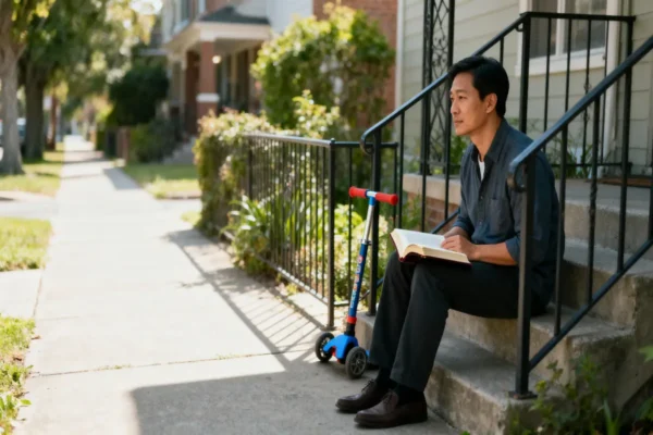 Man on front stoop with open Bible and child’s scooter, morning sun and copy space.
