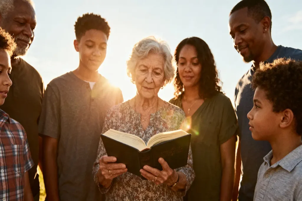 Family gathered outdoors with grandmother holding an open Bible, warm smiles.