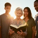 Family gathered outdoors with grandmother holding an open Bible, warm smiles.