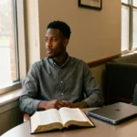 Professional by window with open Bible, city view, and copy space.