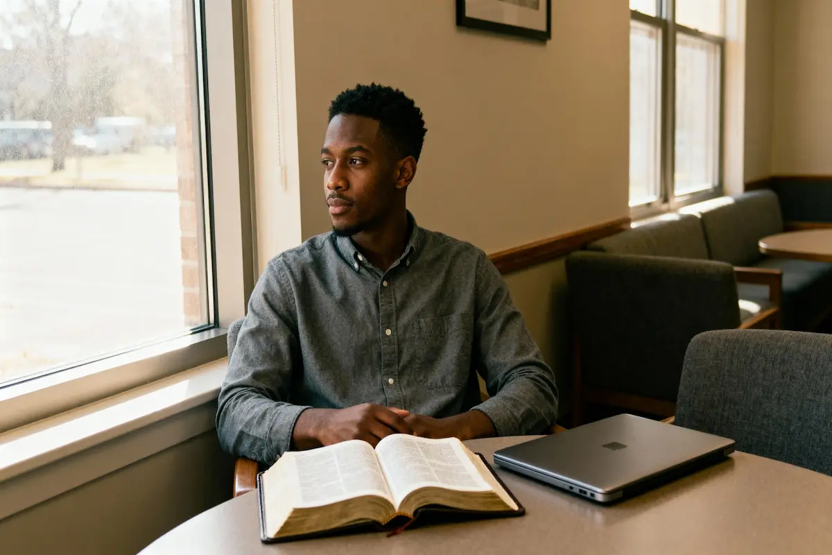Professional by window with open Bible, city view, and copy space.