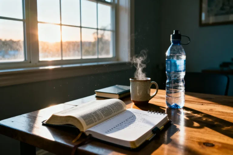 Open Bible, water bottle, and planner in energizing dawn light with generous copy space.