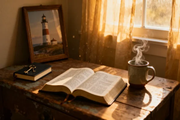 Open Bible, key, locked journal, and lighthouse photo in warm dawn light with generous copy space.