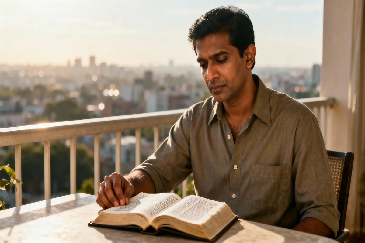 Man on balcony with open Bible, city view, morning light, copy space.