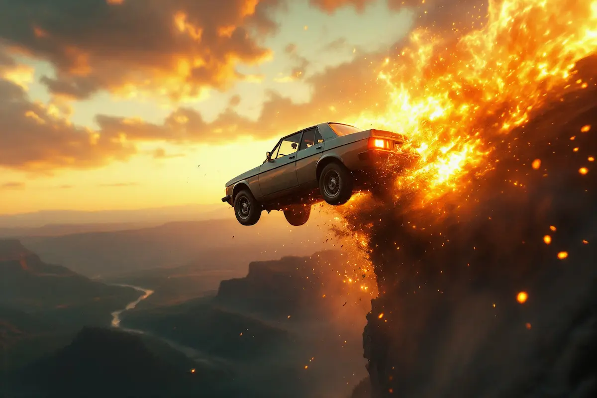 : Airborne car over cliff at dawn, supernatural atmosphere, demons laughed afterlife testimony, near-death experience.