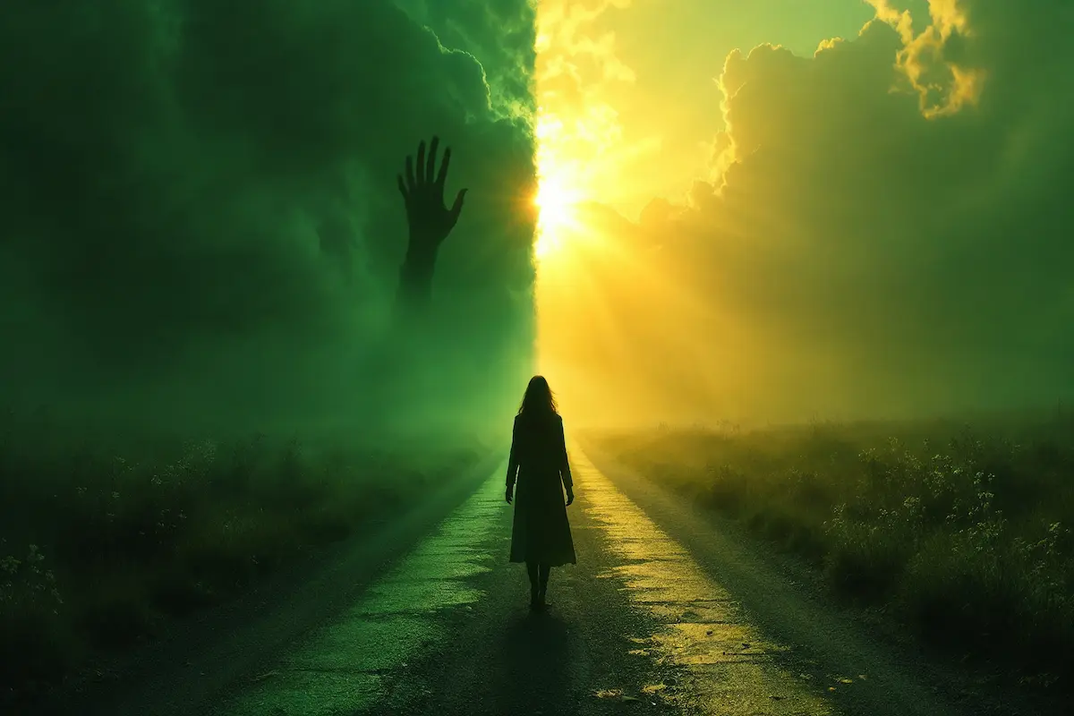 Cinematic scene of a person torn between envy’s green shadows and gratitude’s golden light.