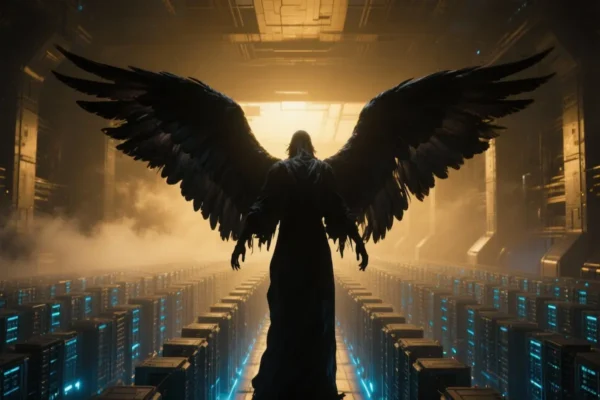 Cinematic scene of a fallen angel with dark wings overlooking a futuristic AI data center with glowing neural networks