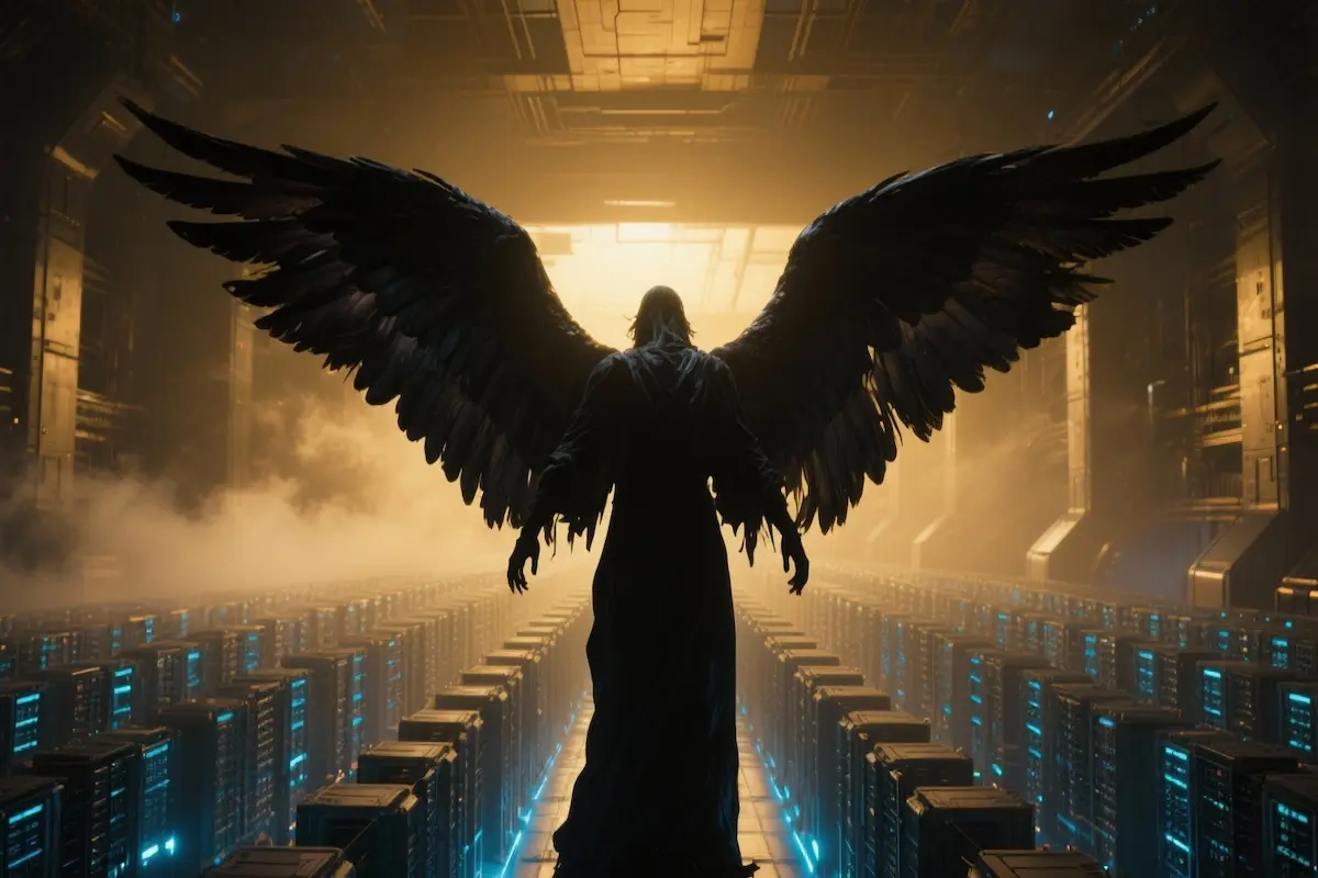 Cinematic scene of a fallen angel with dark wings overlooking a futuristic AI data center with glowing neural networks
