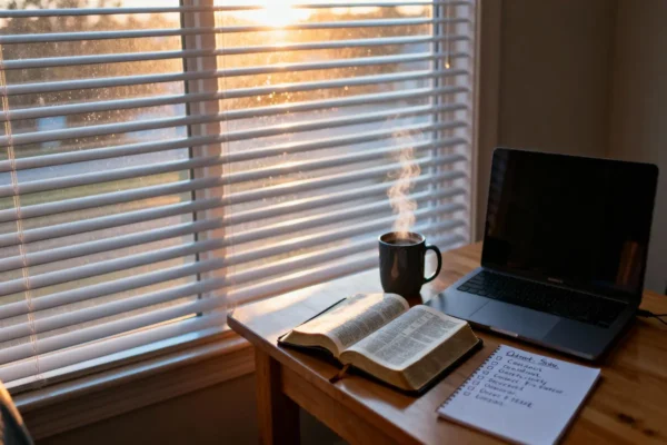 Open Bible, laptop, and goals list on a clean desk with warm striped sunlight and copy space.
