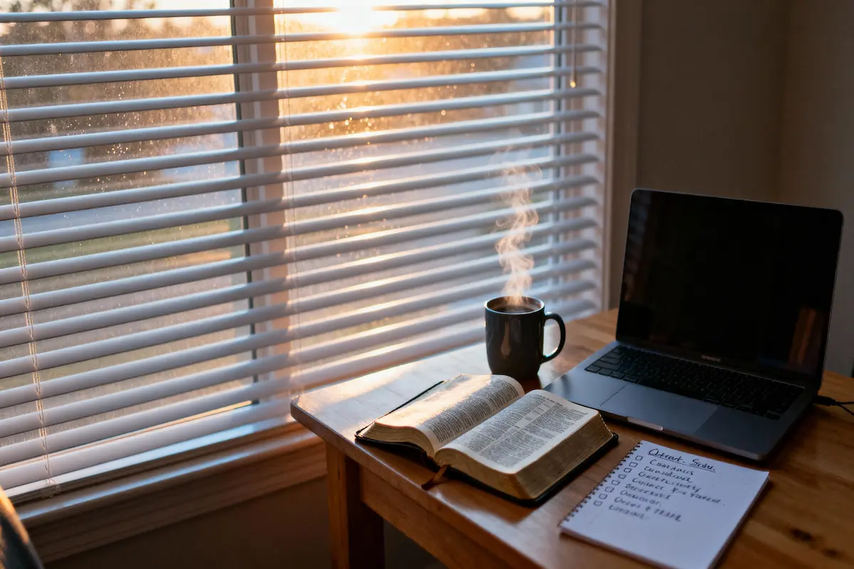 Open Bible, laptop, and goals list on a clean desk with warm striped sunlight and copy space.