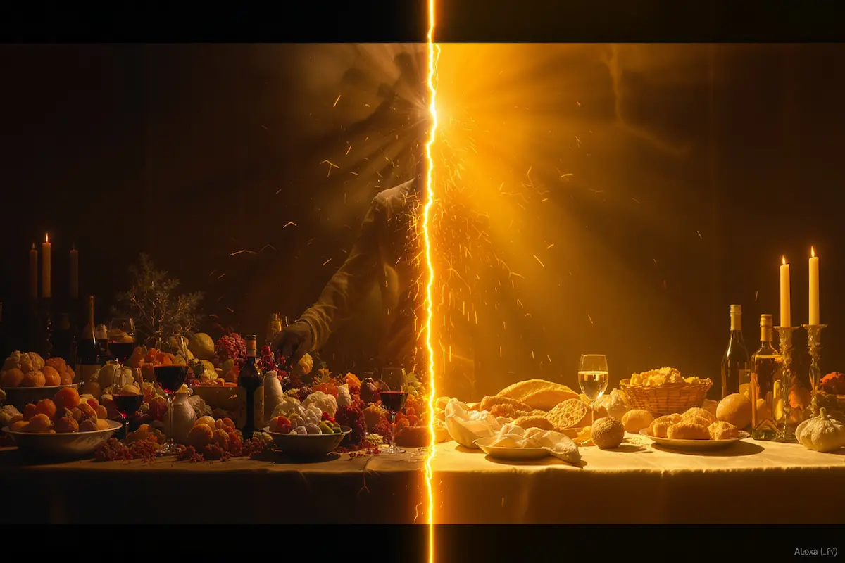 A figure torn between a banquet of excess and a radiant table of spiritual bread.