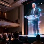 Holographic politician delivering speech with subtle digital flickers on stage