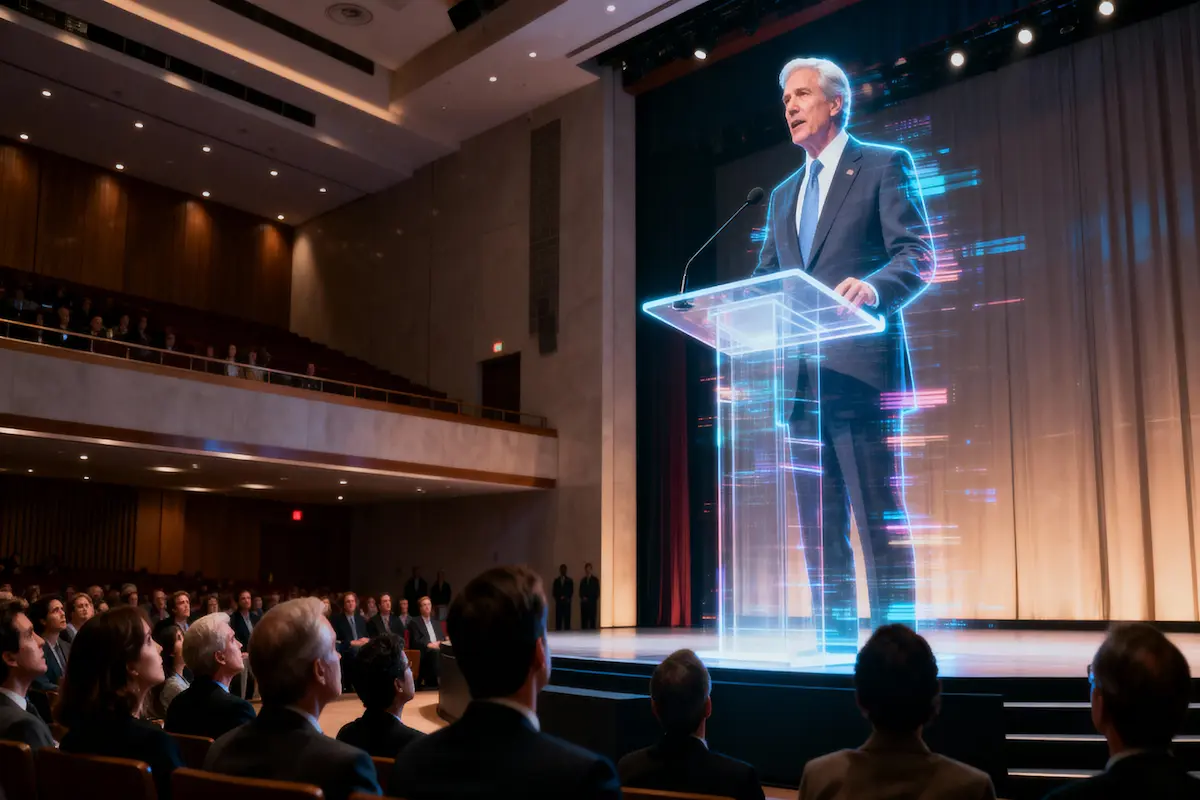Holographic politician delivering speech with subtle digital flickers on stage