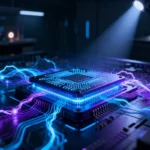 Glowing quantum processor with AI neural networks in a dark high-tech lab