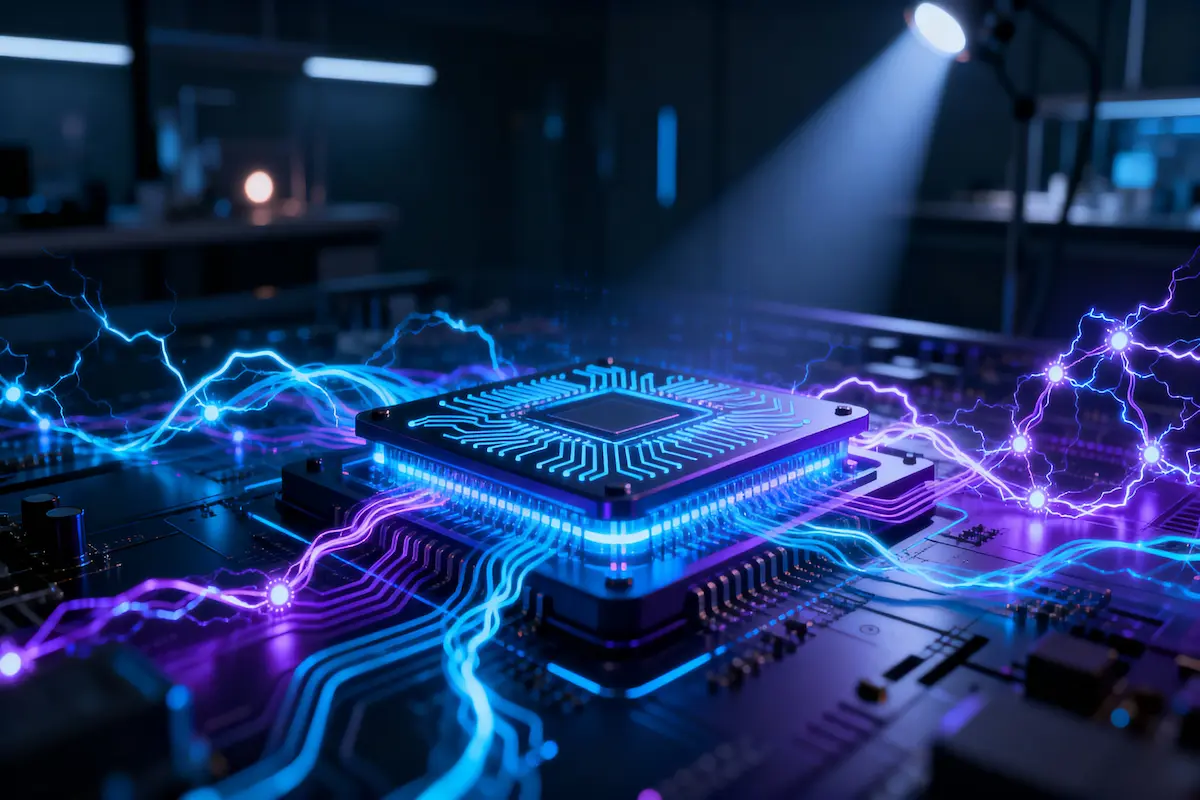 Glowing quantum processor with AI neural networks in a dark high-tech lab