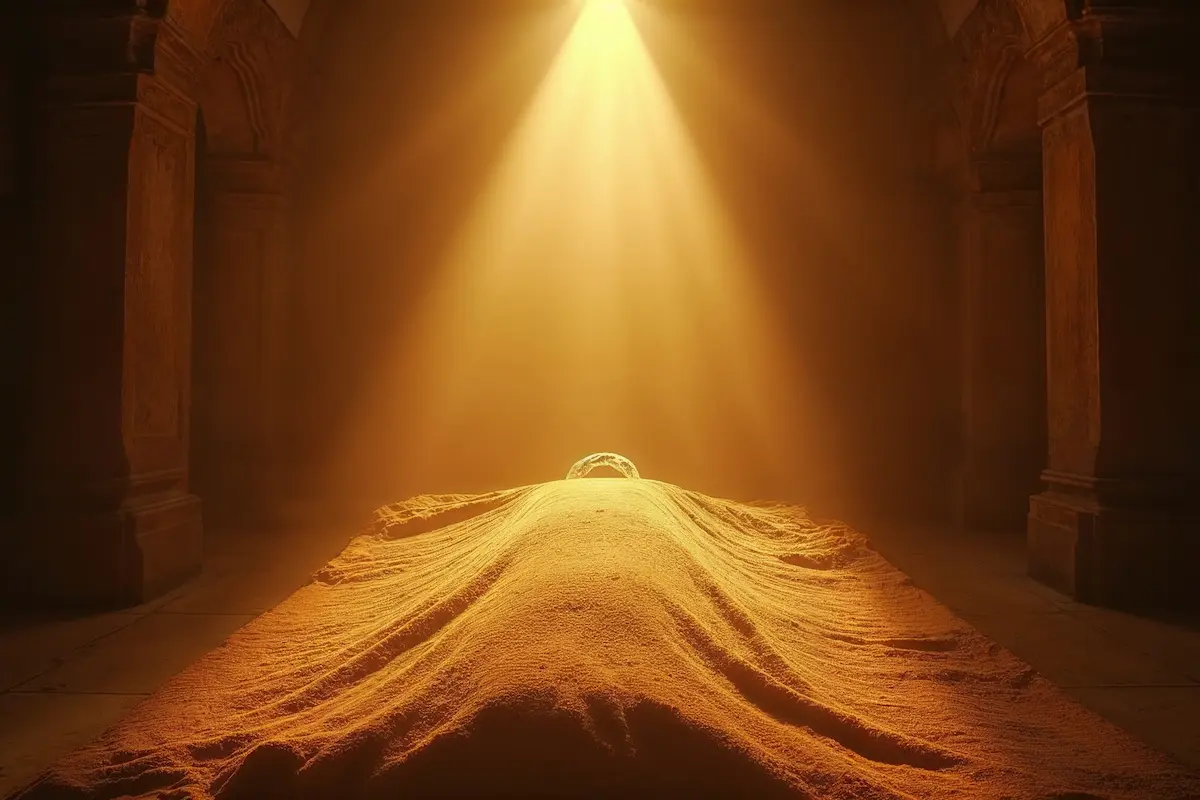 Hyper-realistic image of the Shroud of Turin illuminated by golden hour light in an ancient chapel