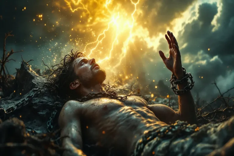 A figure breaking free from chains of apathy as divine light pierces through darkness.