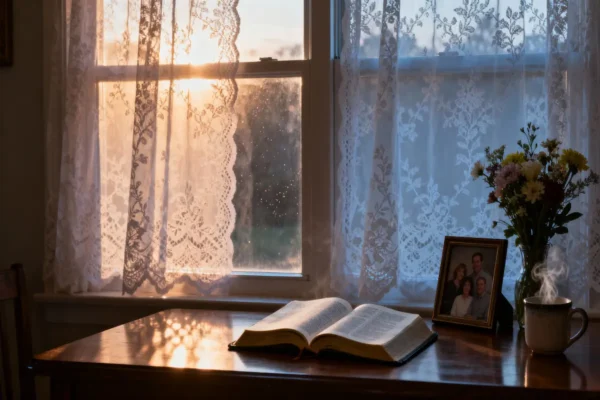Open Bible, family photo, and fresh flowers in warm dawn light with generous copy space.