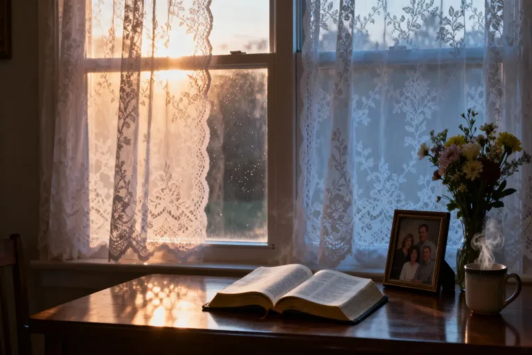Open Bible, family photo, and fresh flowers in warm dawn light with generous copy space.