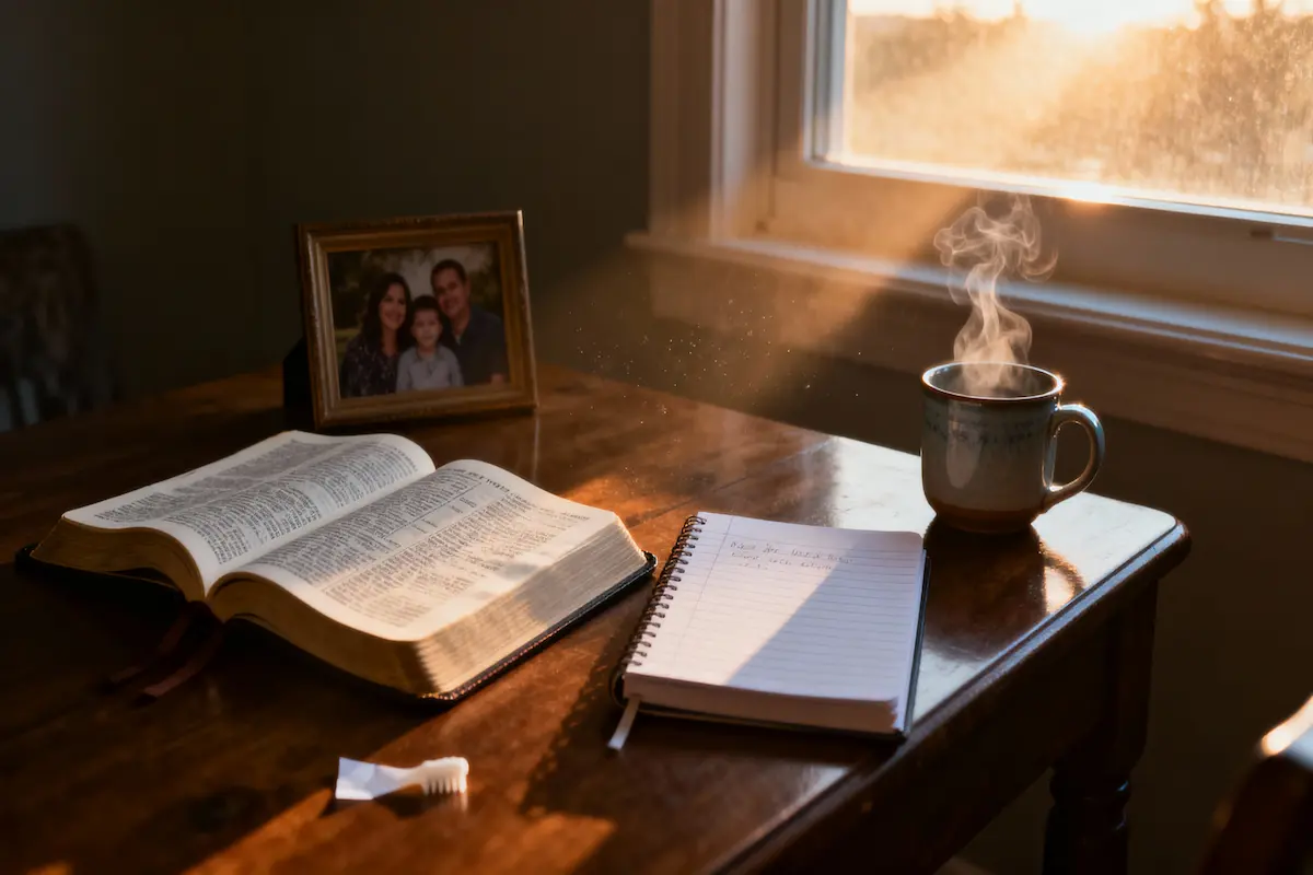 Open Bible, family photo, and journal in warm dawn light with roomy copy space.
