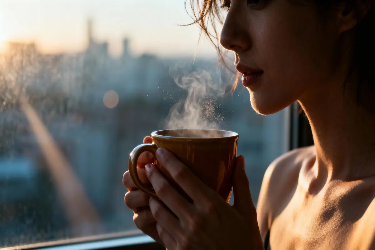 Morning sunlight outlines hands holding a warm mug at a clean desk with soft steam.