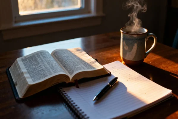 Open Bible and journal in warm dawn light by a window with generous copy space.