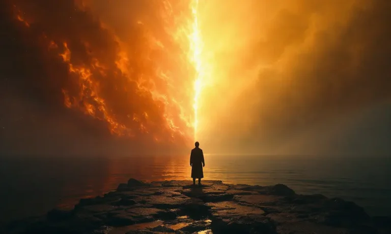 A lone figure torn between fiery wrath and golden peace.