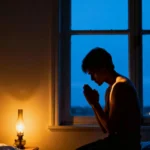 The Ultimate 3AM Prayer People Swear Has Changed Their Lives Silhouette praying by a pre-dawn window at 3AM with warm lamp glow and blue hour outside