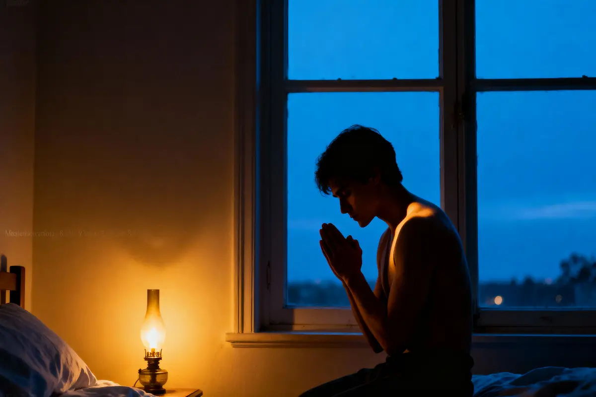 Silhouette praying by a pre-dawn window at 3AM with warm lamp glow and blue hour outside