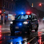 AI PreCogs: Predicting Crime Before It Happens — Fact, Fiction, or Government Conspiracy? Photorealistic rainy city street at night with unmarked police SUV and subtle dashboard glow, illustrating AI predictive policing without stylized overlays