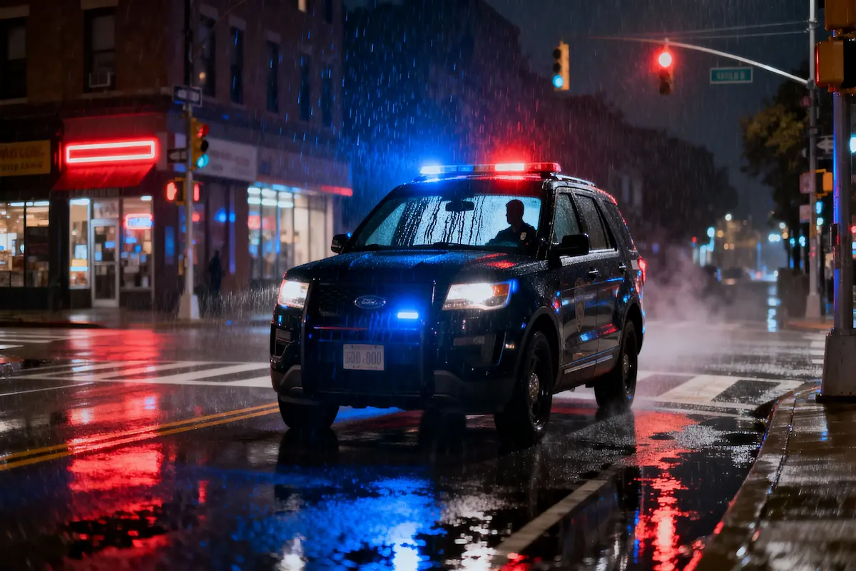Photorealistic rainy city street at night with unmarked police SUV and subtle dashboard glow, illustrating AI predictive policing without stylized overlays