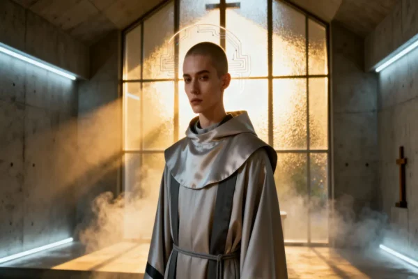 Artificial intelligence contemplating religious choice with ethereal light representing the soul