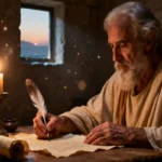 Cinematic portrait of the apostle John writing by lamplight with scrolls, symbolizing his New Testament authorship and spiritual legacy