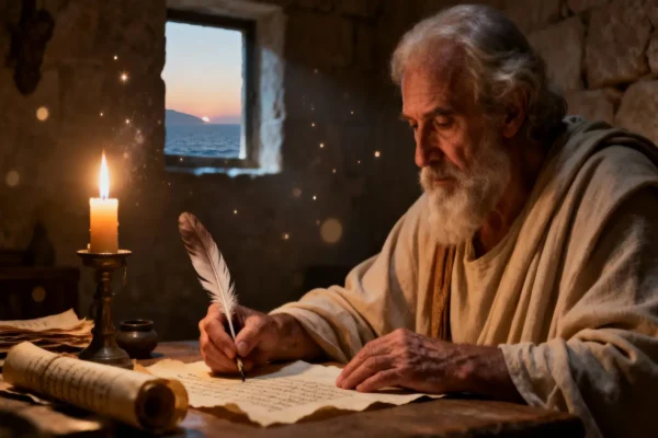 Cinematic portrait of the apostle John writing by lamplight with scrolls, symbolizing his New Testament authorship and spiritual legacy