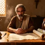 Apostle Luke writing Luke–Acts as a Gentile physician and evangelist with ancient medical tools