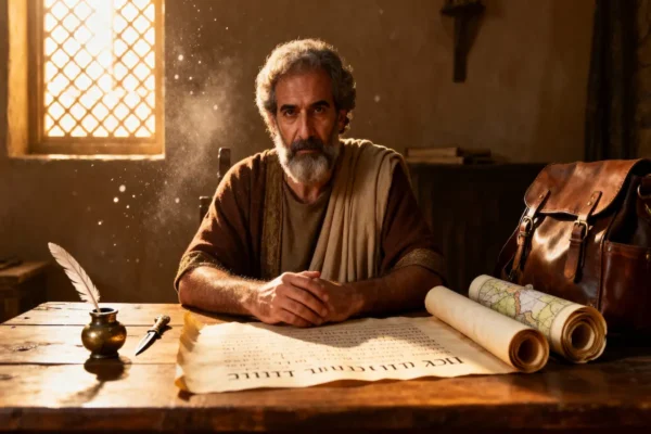 Apostle Luke writing Luke–Acts as a Gentile physician and evangelist with ancient medical tools