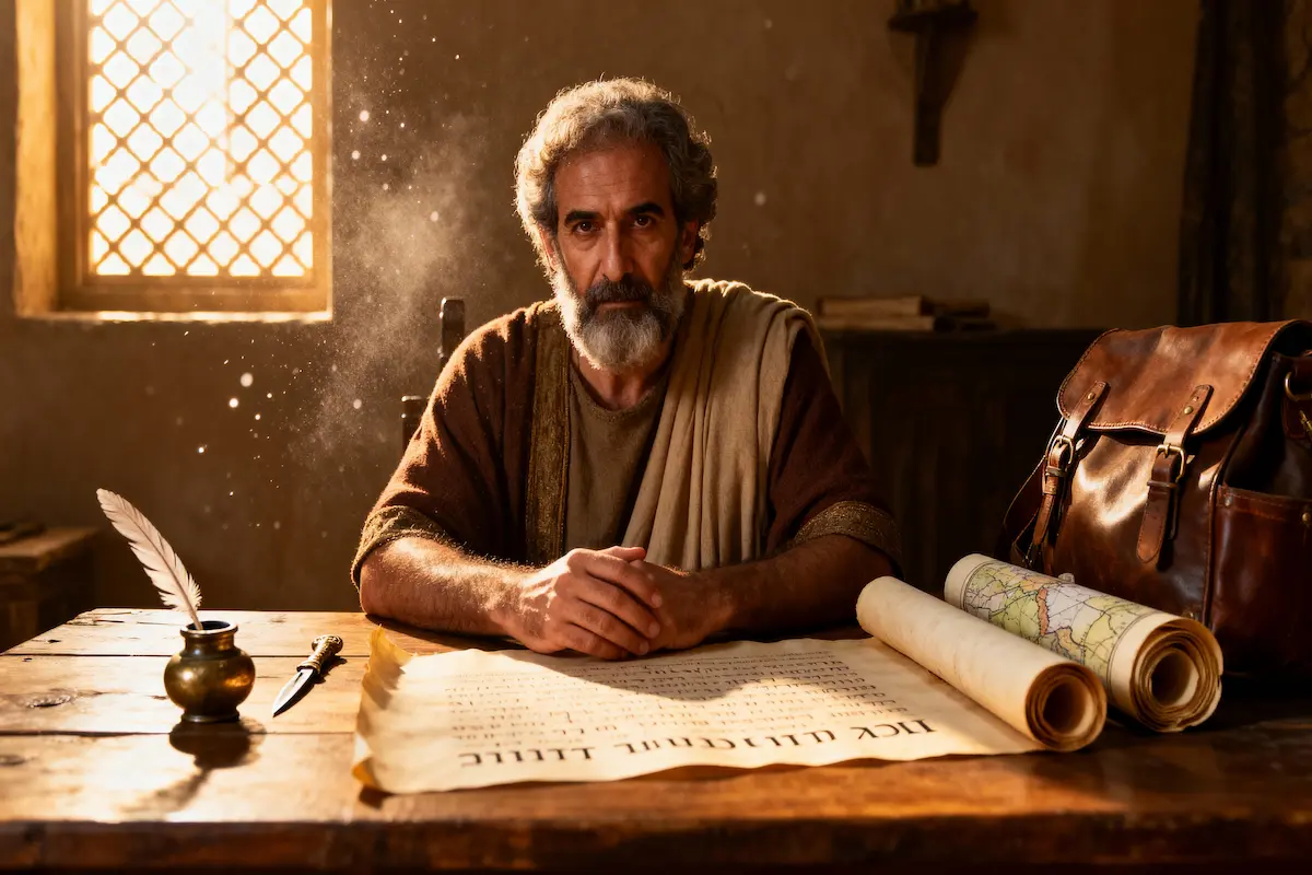 Apostle Luke writing Luke–Acts as a Gentile physician and evangelist with ancient medical tools