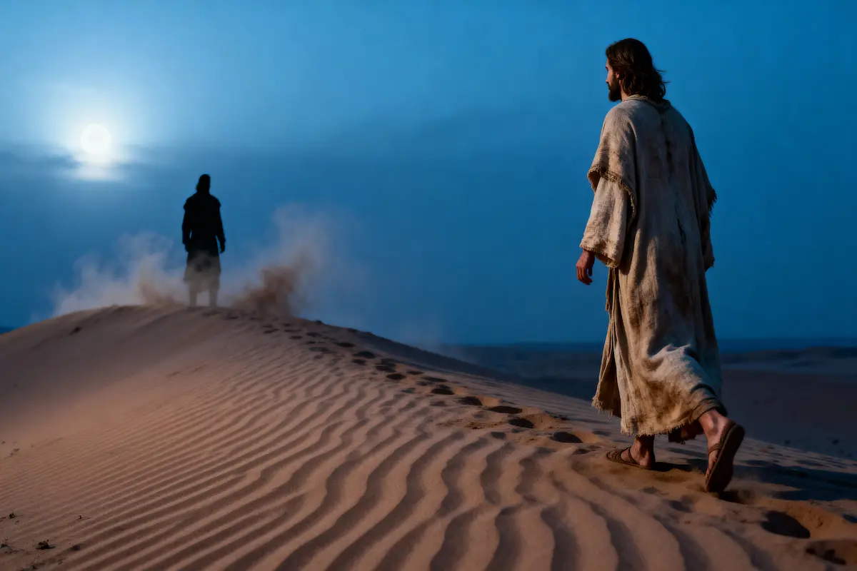 Cinematic desert horizon with a lone figure walking toward a distant, shadowy silhouette of an adversary beneath a brooding sky.